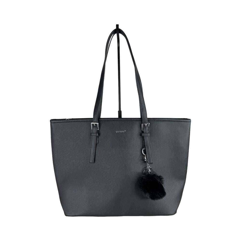 Tan Tomi Black Faux Leather Tote Bag with Pom Pom Charm NWOT